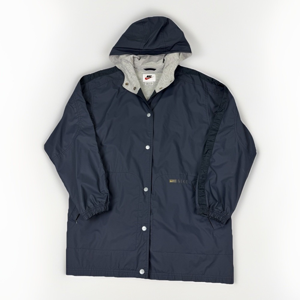 VINTAGE 90's Nike Rain Coat Button Up Hooded Navy Blue Men's Size S Back Vent